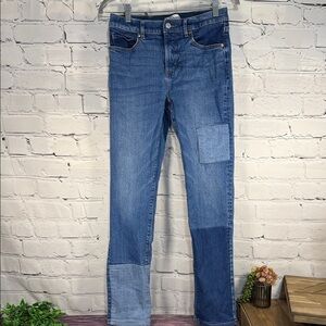 LOFT The Girlfriend Blue Straight Leg Patchwork Jeans